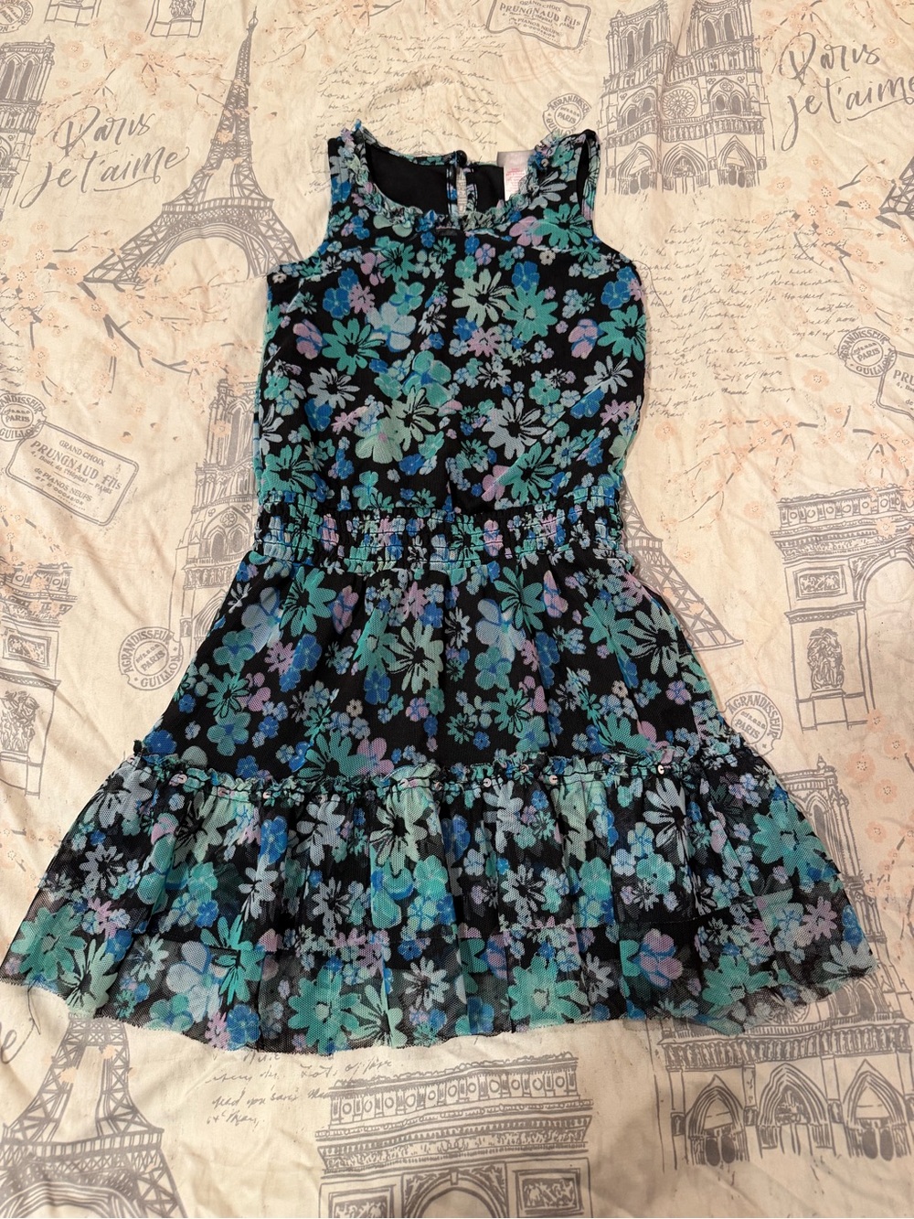 Justice Floral Black Dress with Teal & Purple Flowers size 5
